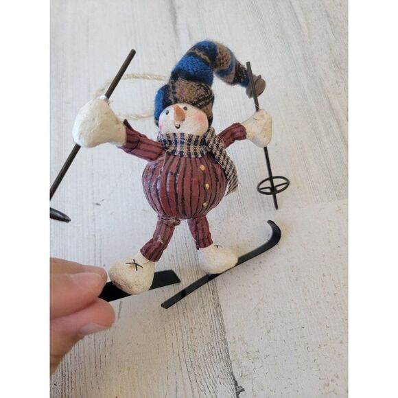 Rustic snowman skier skiing ornament Xmas hat bell - Picture 2 of 8
